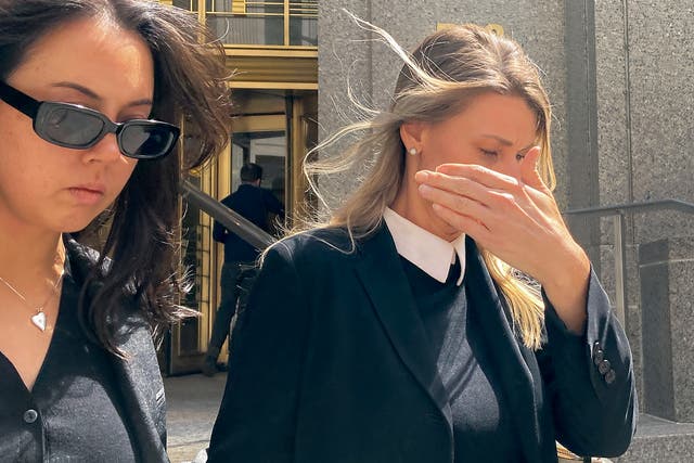 <p>Aimee Harris, pictured above (right) walking out of Manhattan federal court on 9 April, will spend one month in prison after stealing and selling Ashley Biden’s journal</p>
