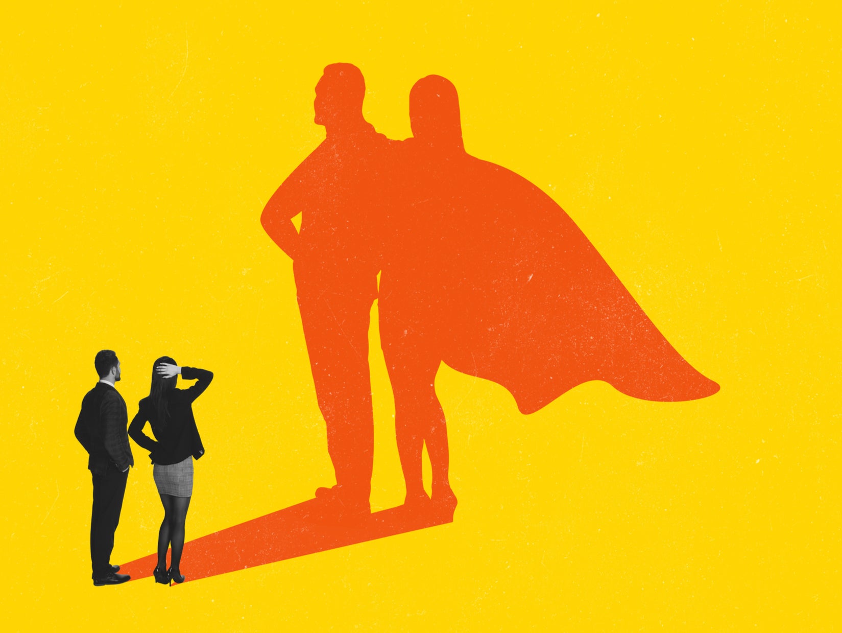 <p>A man and woman look at their superhero shadows.</p>