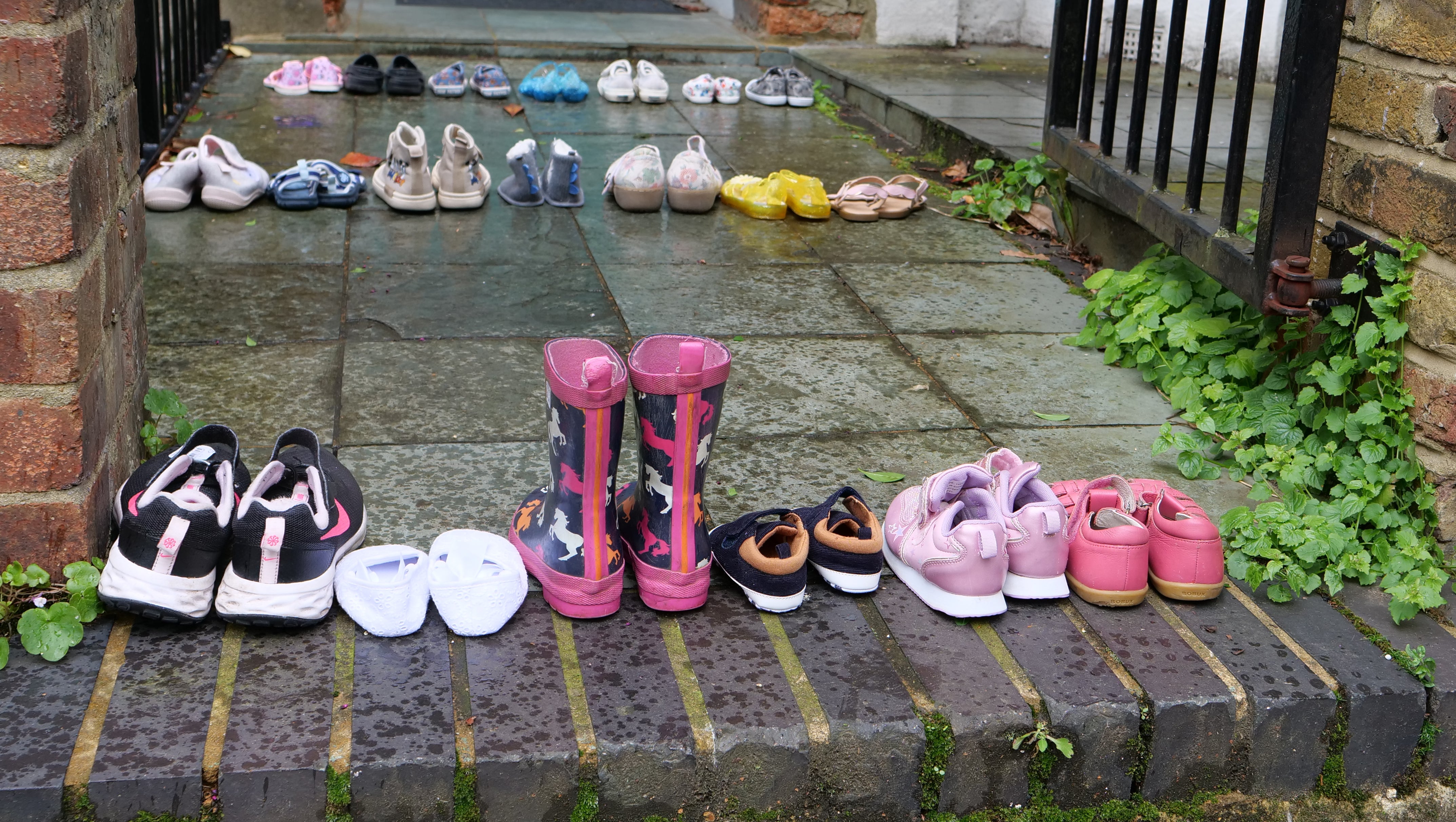 Children’s shoes were placed outside his front doorstep to represent the children killed in Gaza
