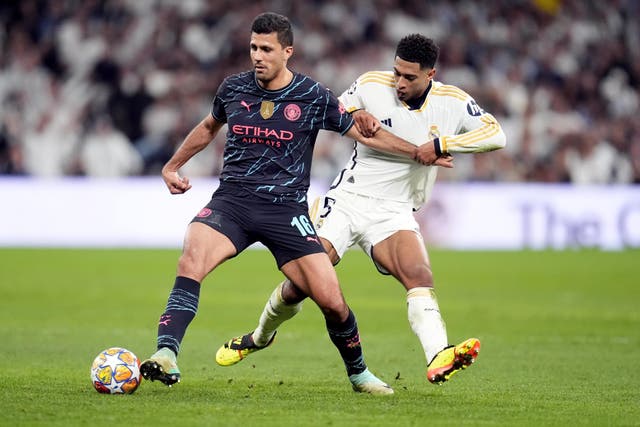Rodri, left, admits he needs a break in Manchester City’s push for another treble (Nick Potts/PA)