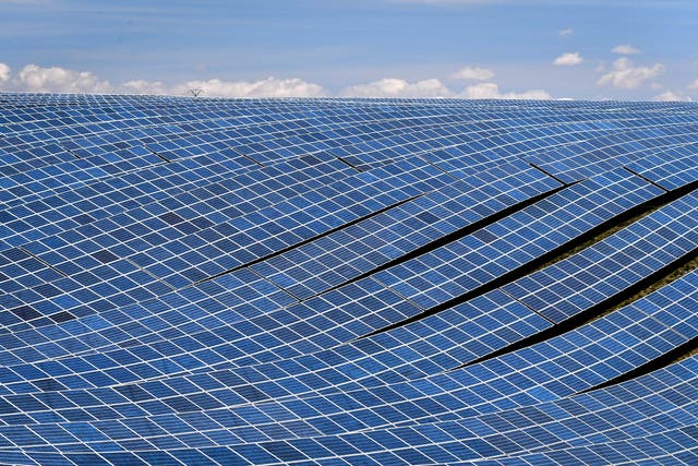 <p>Photovoltaic solar panels at a power plant in La Colle des Mees, Alpes de Haute Provence, southeastern France, on 17 April, 2019</p>