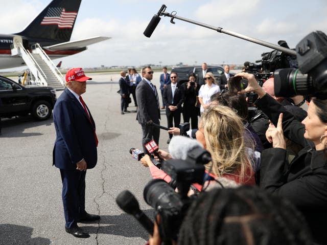 <p>Republican presidential candidate and former U.S. President Donald Trump speaks to the media at Hartsfield-Jackson Atlanta International Airport in Atlanta, Georgia</p>
