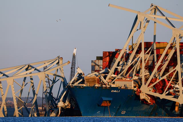 <p>Cranes stand by as the wreckage of the Francis Scott Key Bridge rests on the container ship Dali</p>