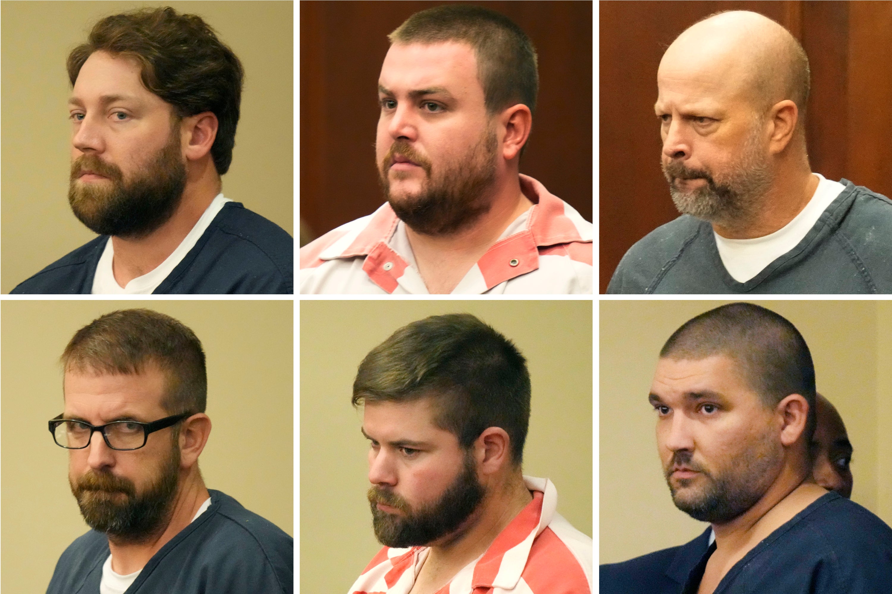 This combination of photos shows, from top left, former Rankin County sheriff's deputies Hunter Elward, Christian Dedmon, Brett McAlpin, Jeffrey Middleton, Daniel Opdyke and former Richland police officer Joshua Hartfield appearing at the Rankin County Circuit Court in Brandon, Mississippi on 14 August 2023