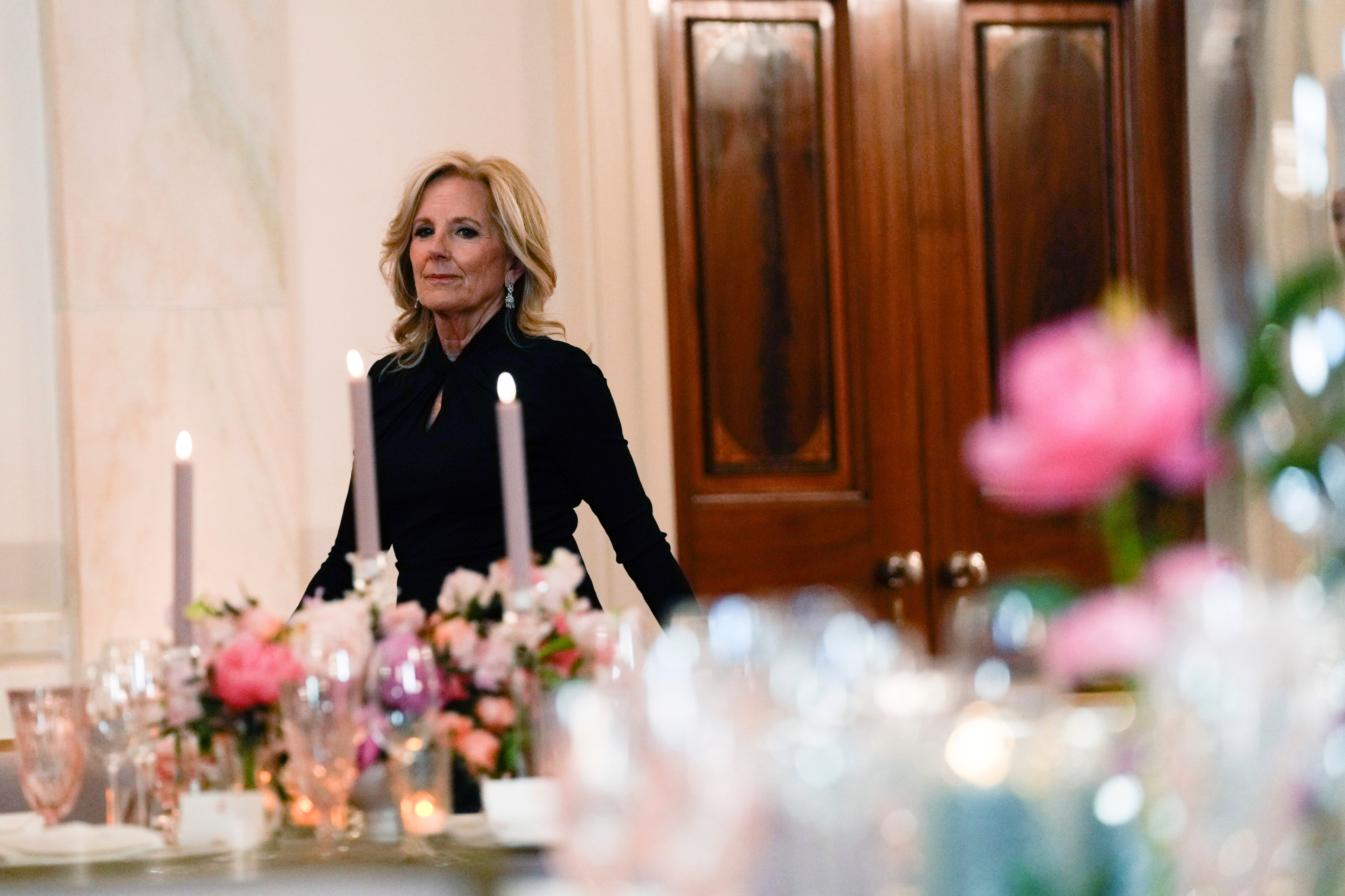 First lady Jill Biden arrives to speak before previewing the food and decorations at the White House in Washington