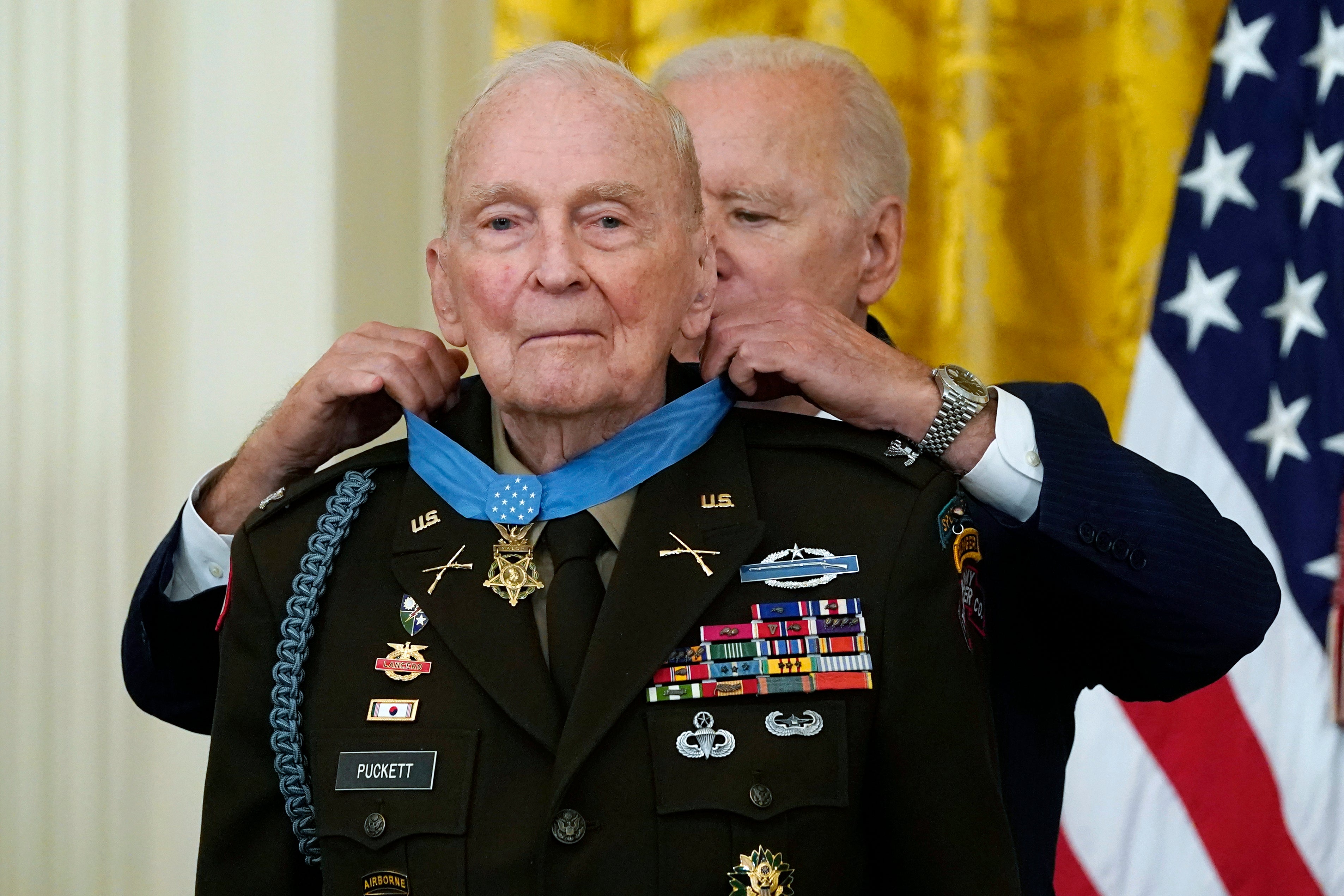 President Joe Biden awards the Medal of Honor to retired US Army Colonel Ralph Puckett in the East Room of the White House on May 21, 2021