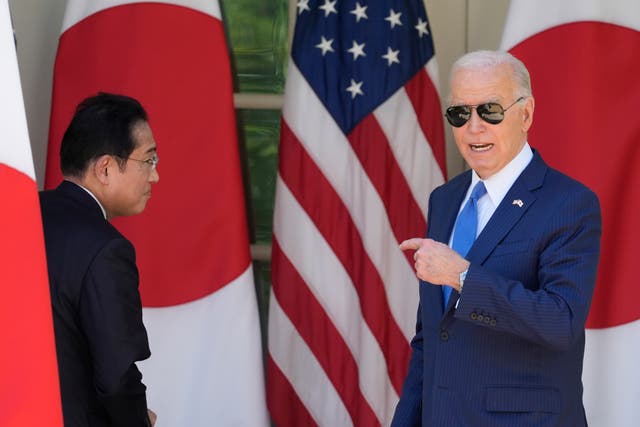 <p>President Joe Biden and Japanese Prime Minister Fumio Kishida wrap up a joint news conference in the Rose Garden of the White House, Wednesday, April 10, 2024, in Washington</p>