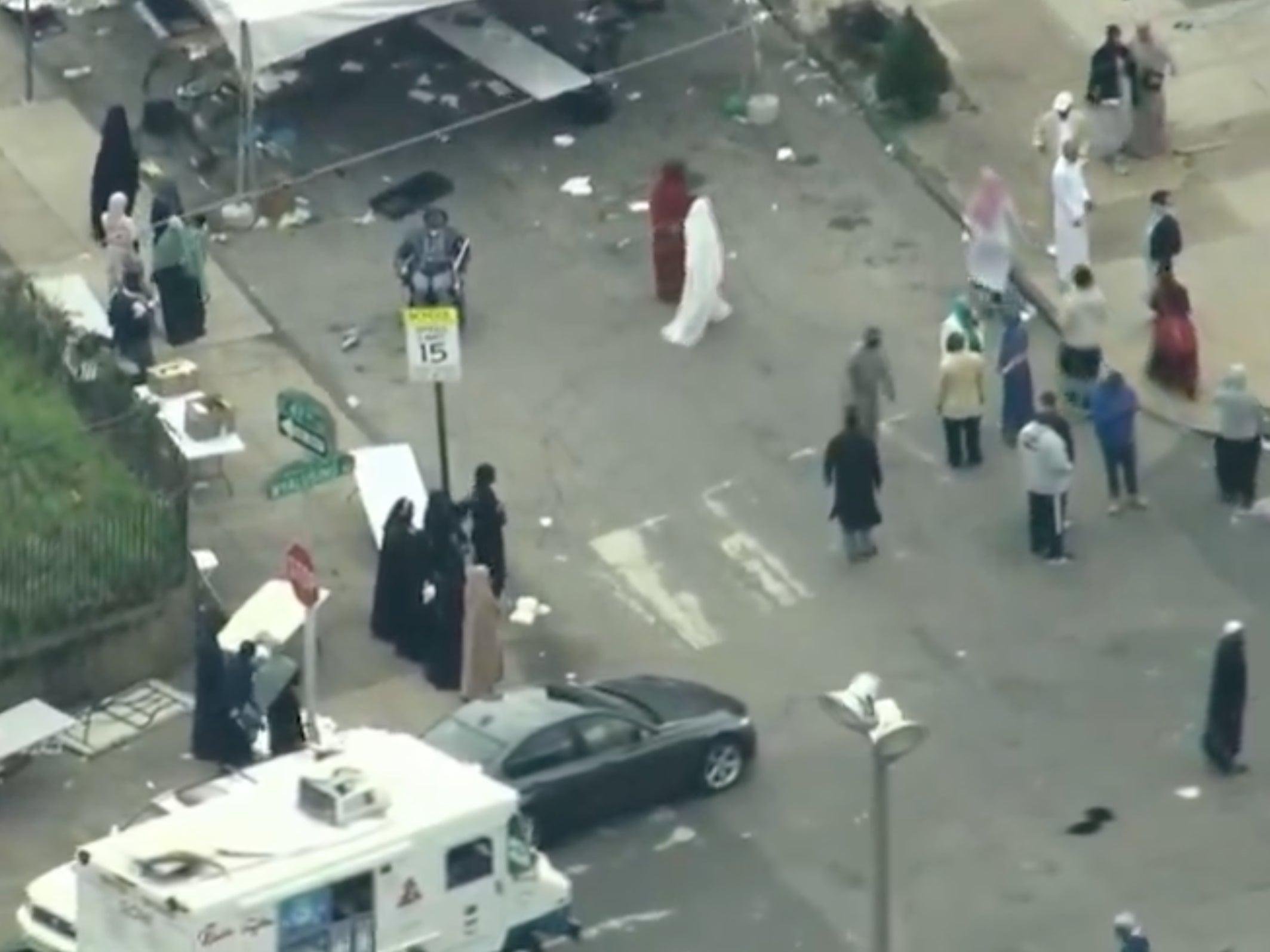 An aerial shot of the scene where a shooting that injured multiple people occurred during an Eid festival in Philadelphia on 10 April, 2024