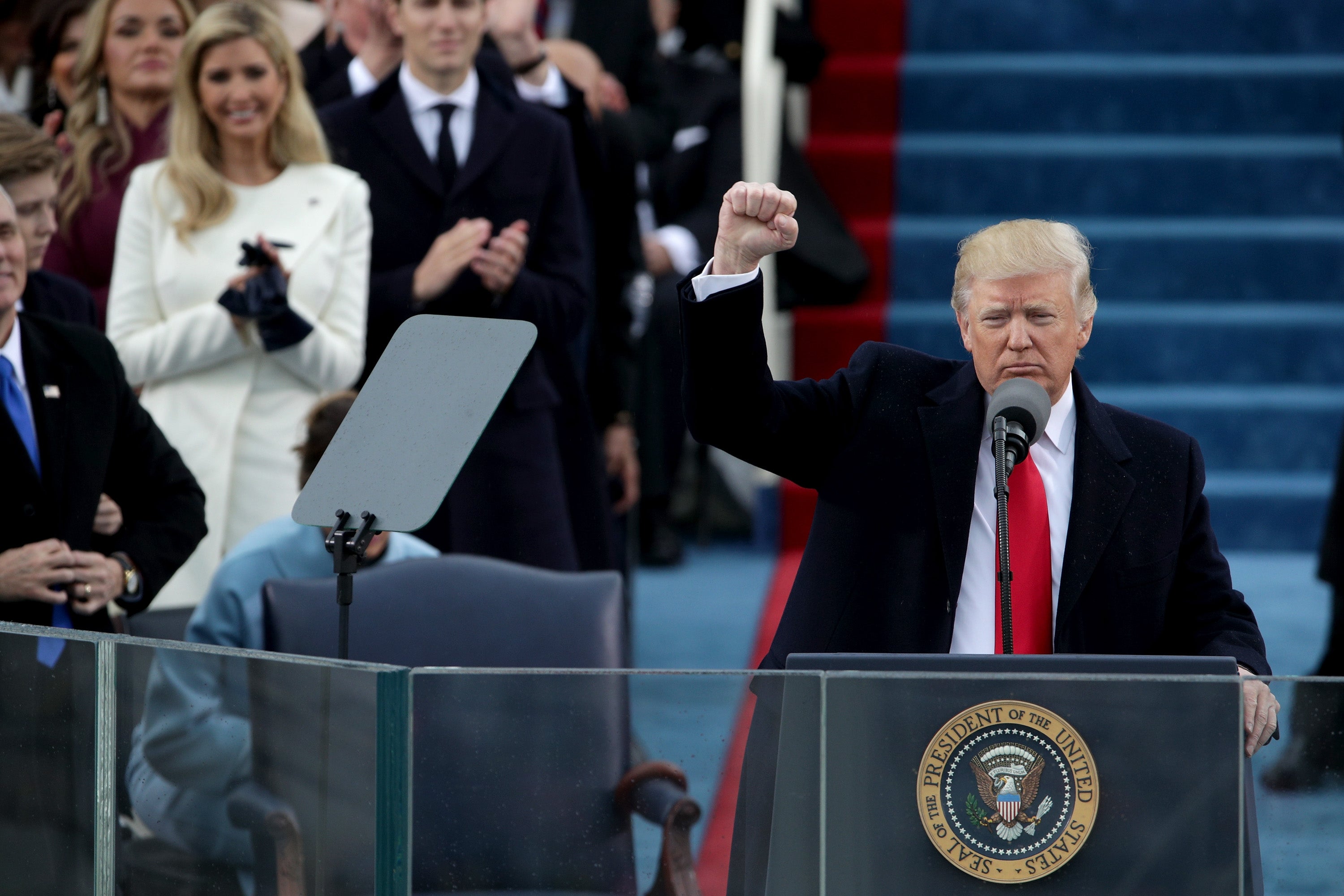 Trump raises a fist after his inauguration on the West Front of the U.S. Capitol on January 20, 2017 in Washington, DC