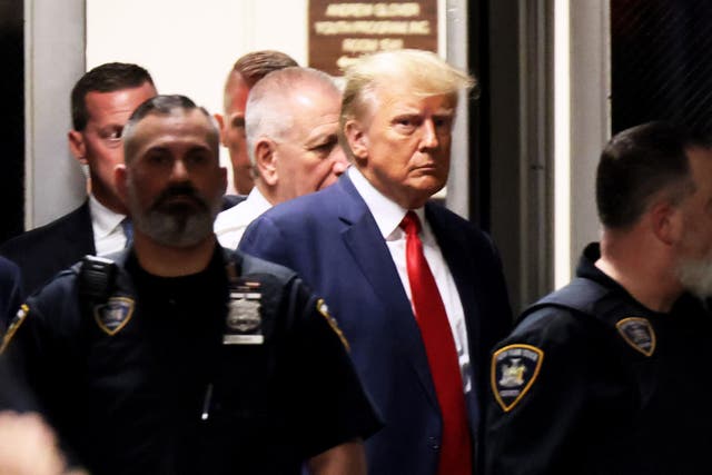 <p>Trump at his arraignment at Manhattan Criminal Court on 4 April 2023</p>