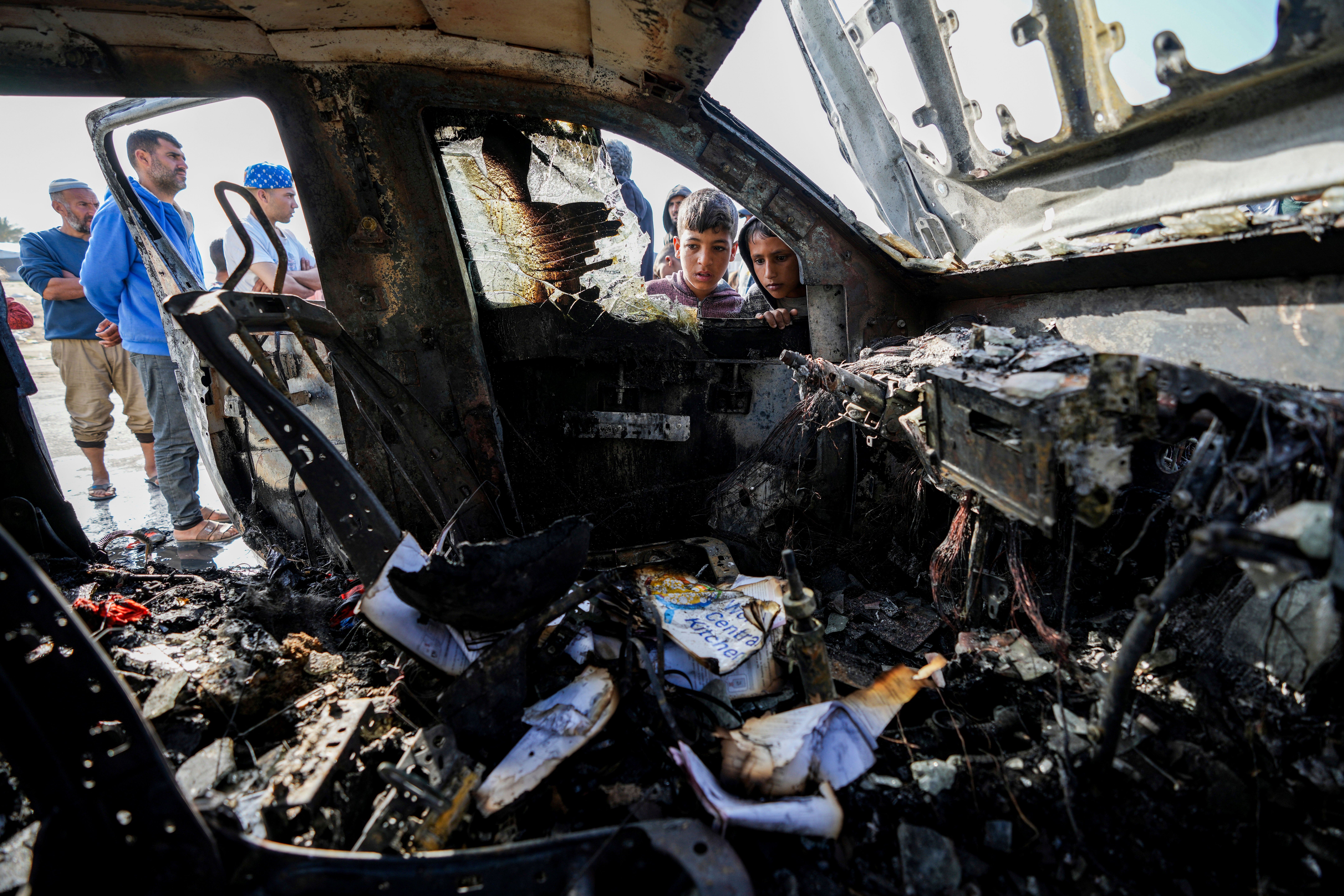 A destroyed World Central Kitchen vehicle in Gaza