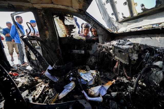 <p>A destroyed World Central Kitchen vehicle in Gaza</p>