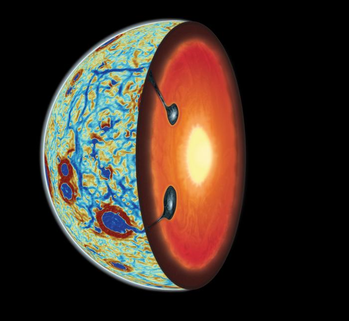 Schematic illustration with a gravity gradient map (blue hexagonal pattern) of the lunar nearside and a cross-section showing two ilmenite-bearing cumulate downwellings from lunar mantle overturn