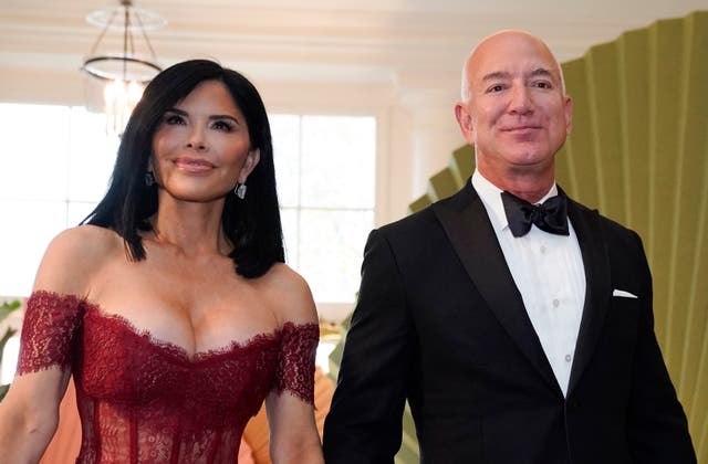 <p>Executive chairman of Amazon Jeff Bezos and actress Lauren Sanchez arrive for a State Dinner in honor of Japanese Prime Minister Fumio Kishida, at the Booksellers Room of the White House in Washington, DC, on 10 April 2024</p>