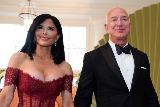 <p>Executive chairman of Amazon Jeff Bezos and actress Lauren Sanchez arrive for a State Dinner in honor of Japanese Prime Minister Fumio Kishida, at the Booksellers Room of the White House in Washington, DC, on 10 April 2024</p>