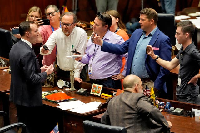 <p>Arizona State Rep. Matt Gress speaks to reporters on the House floor at the Capitol</p>