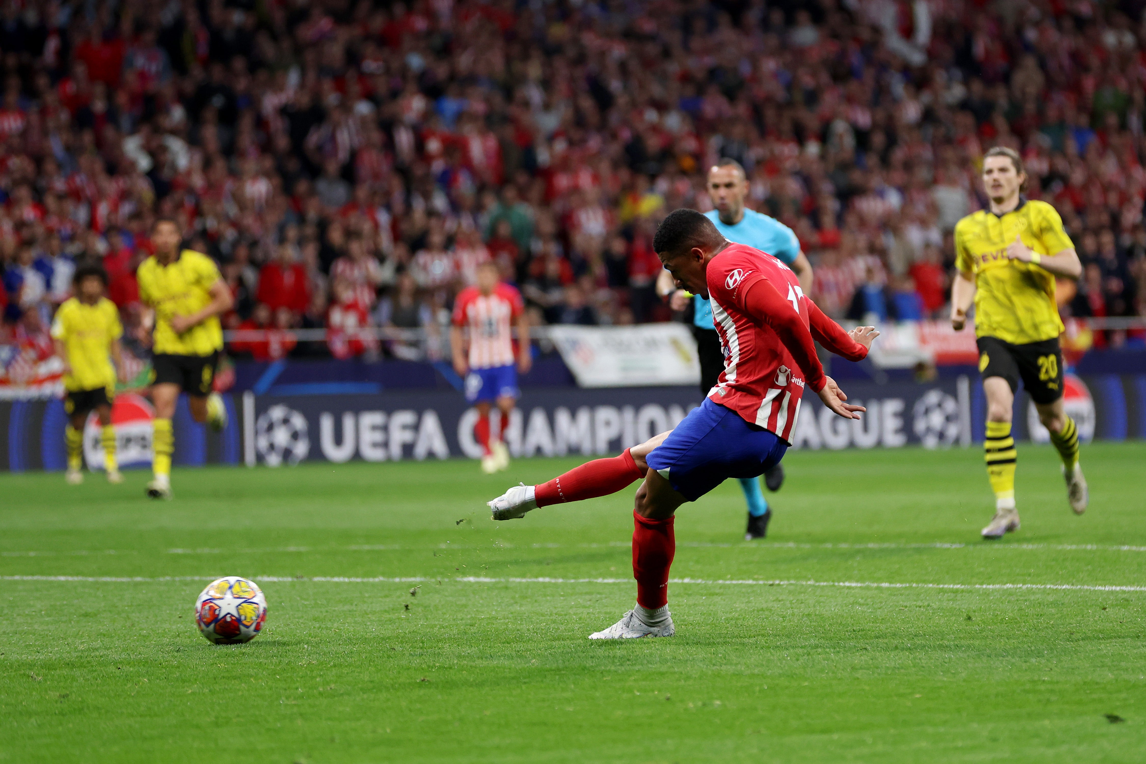 Samuel Lino scored Atletico’s second goal against Dortmund and gave them a one-goal advantage heading into the next leg.