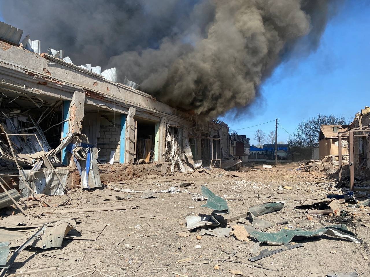 The site of Russian air strikes in the village of Lyptsi, Kharkiv region