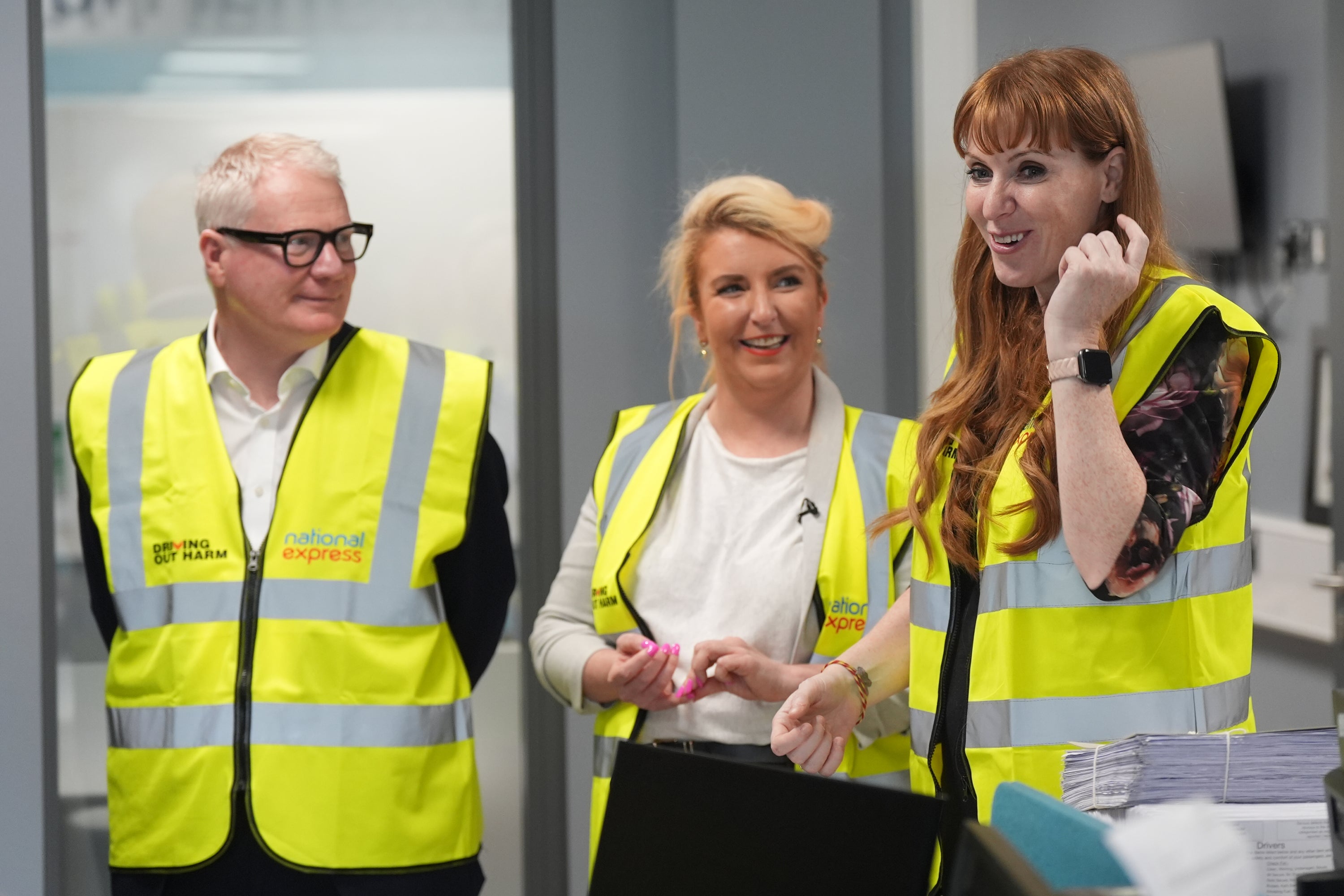 (left to right) Richard Parker, Labour's West Midlands mayoral candidate, shadow transport secretary Louise Haigh, and deputy party leader Angela Rayner