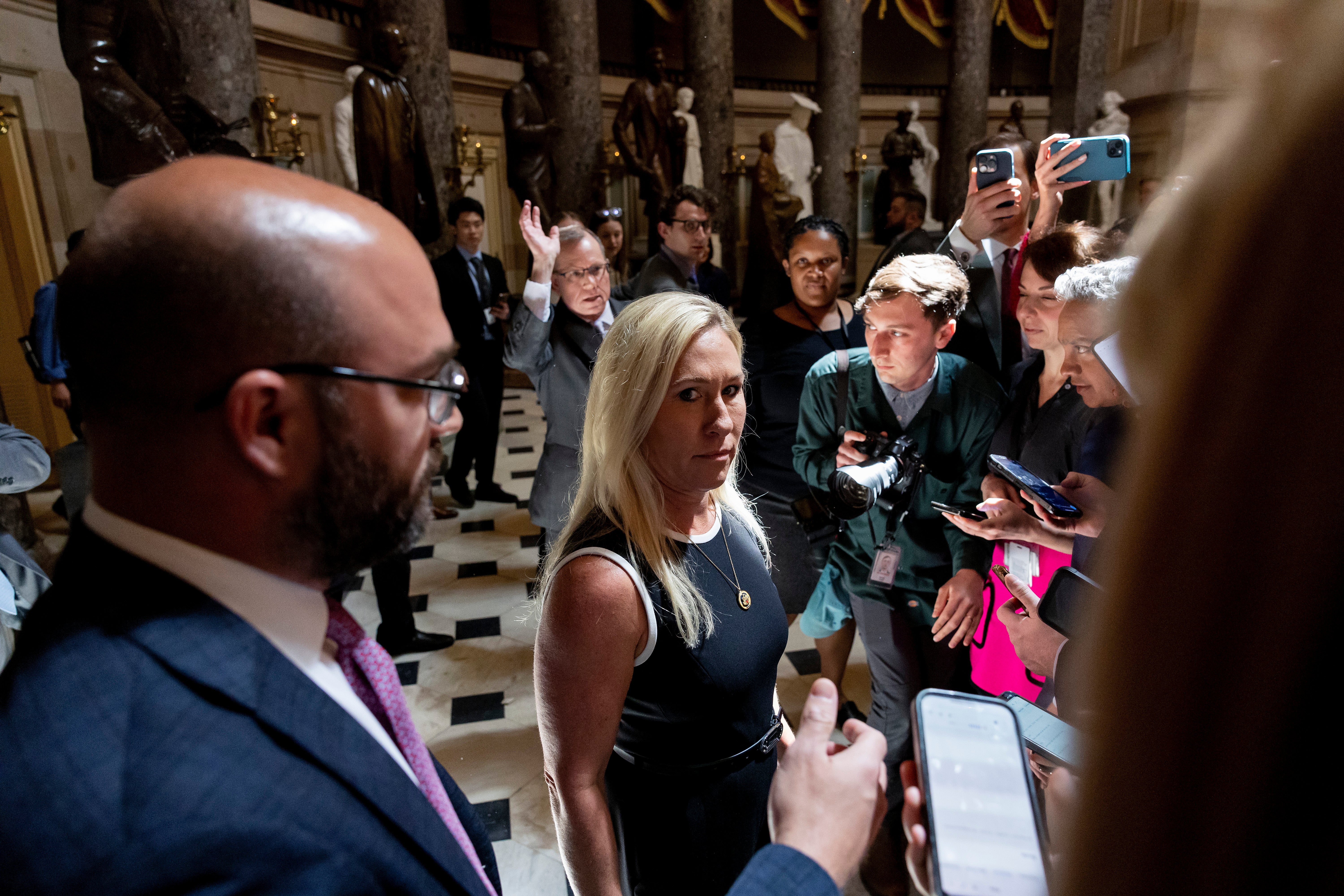 Rep. Marjorie Taylor Greene (R-GA) speaks to reporters in Statuary Hall at the U.S. Capitol Building on April 10, 2024 in Washington, DC
