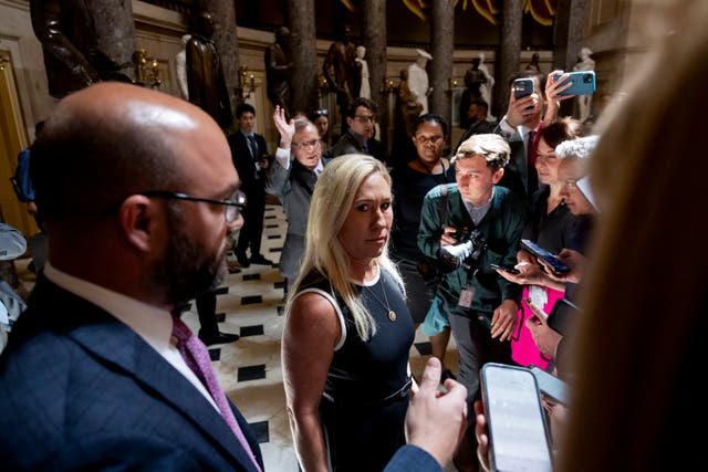 <p>Rep. Marjorie Taylor Greene (R-GA) speaks to reporters in Statuary Hall at the U.S. Capitol Building on April 10, 2024 in Washington, DC</p>