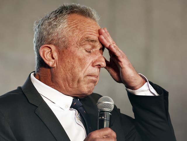 <p>Independent presidential candidate Robert F. Kennedy Jr. pauses while he speaks at a Cesar Chavez Day event at Union Station on March 30, 2024 in Los Angeles, California. A new report revealed  that a worm ate part of his brain and died inside his head a decade ago</p>