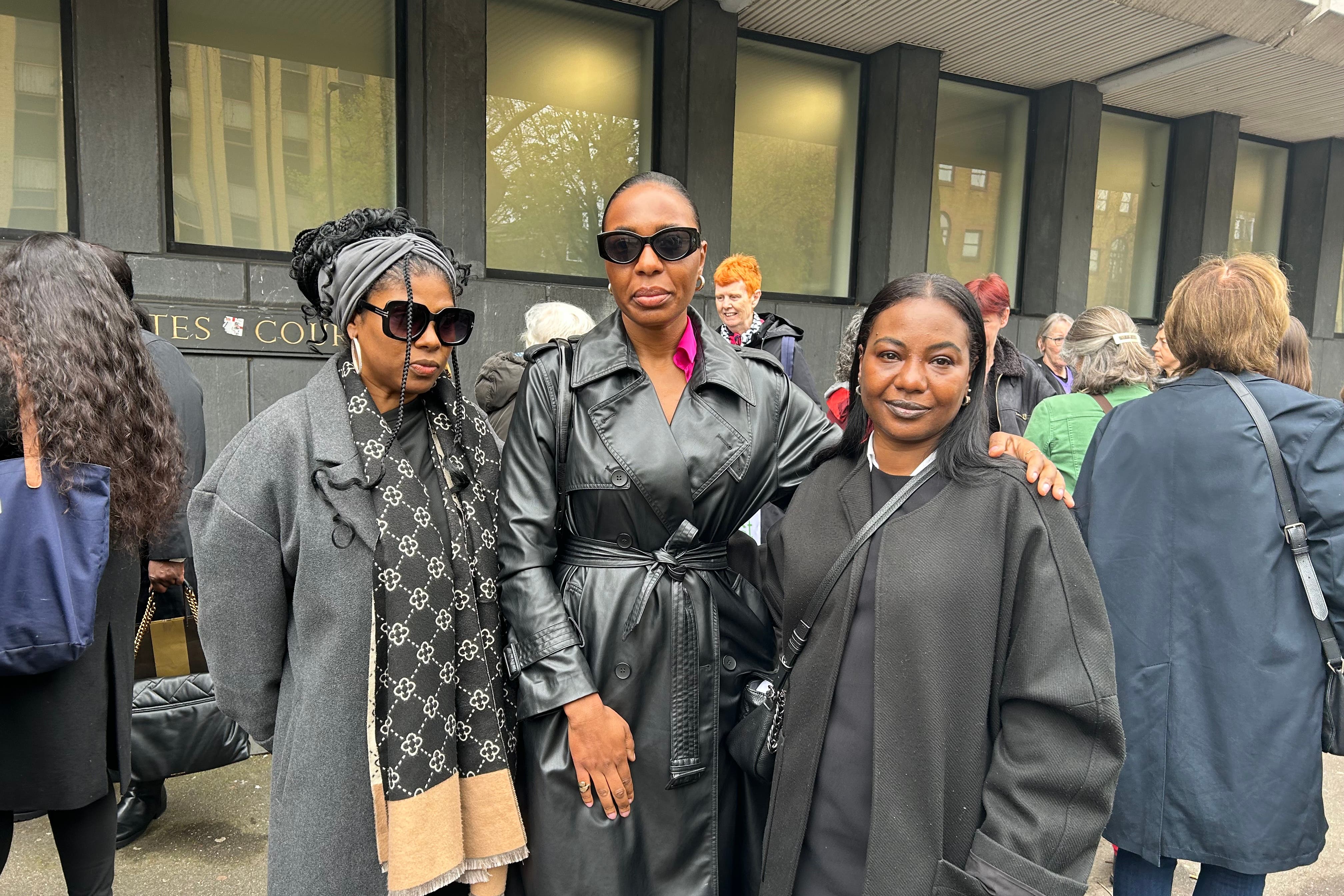 From left to right: Danae Thomas, Divina Riggon and Selma Taha standing outside Highbury Corner Magistrates’ Court (Pol Allingham/PA)