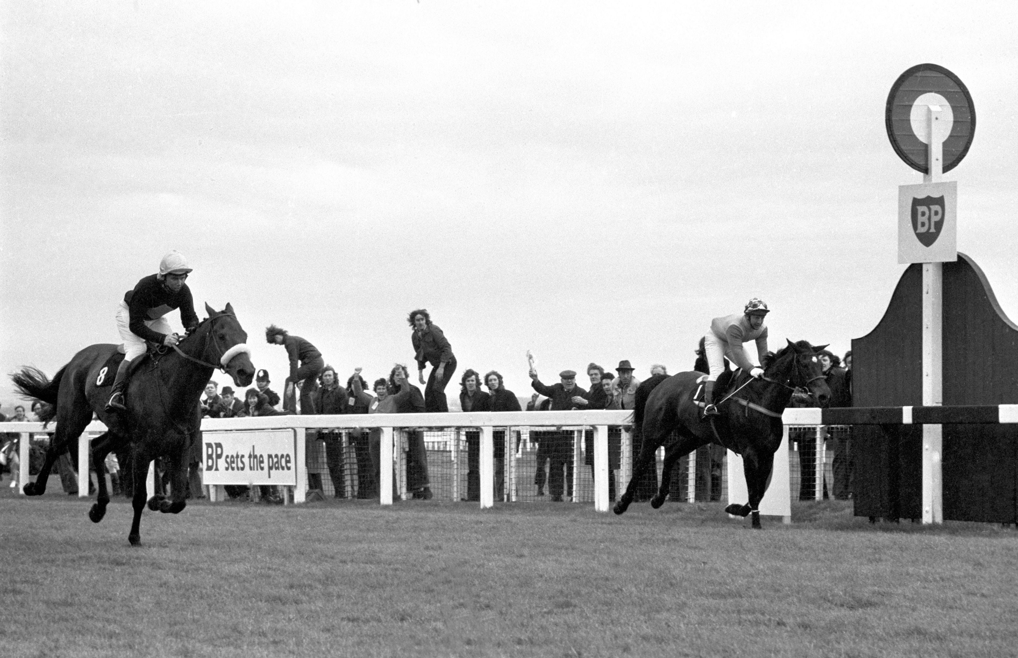 Red Rum beats Crisp in the 1973 Grand National in the first of his three victories