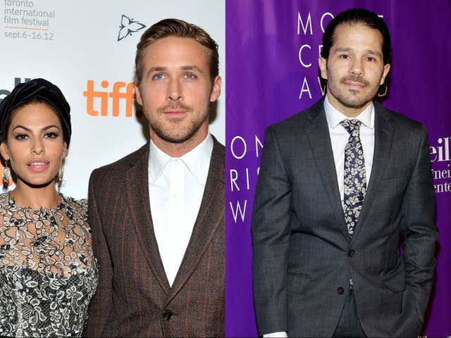<p>Eva Mendes with Ryan Gosling and her brother, Carlo, right </p>