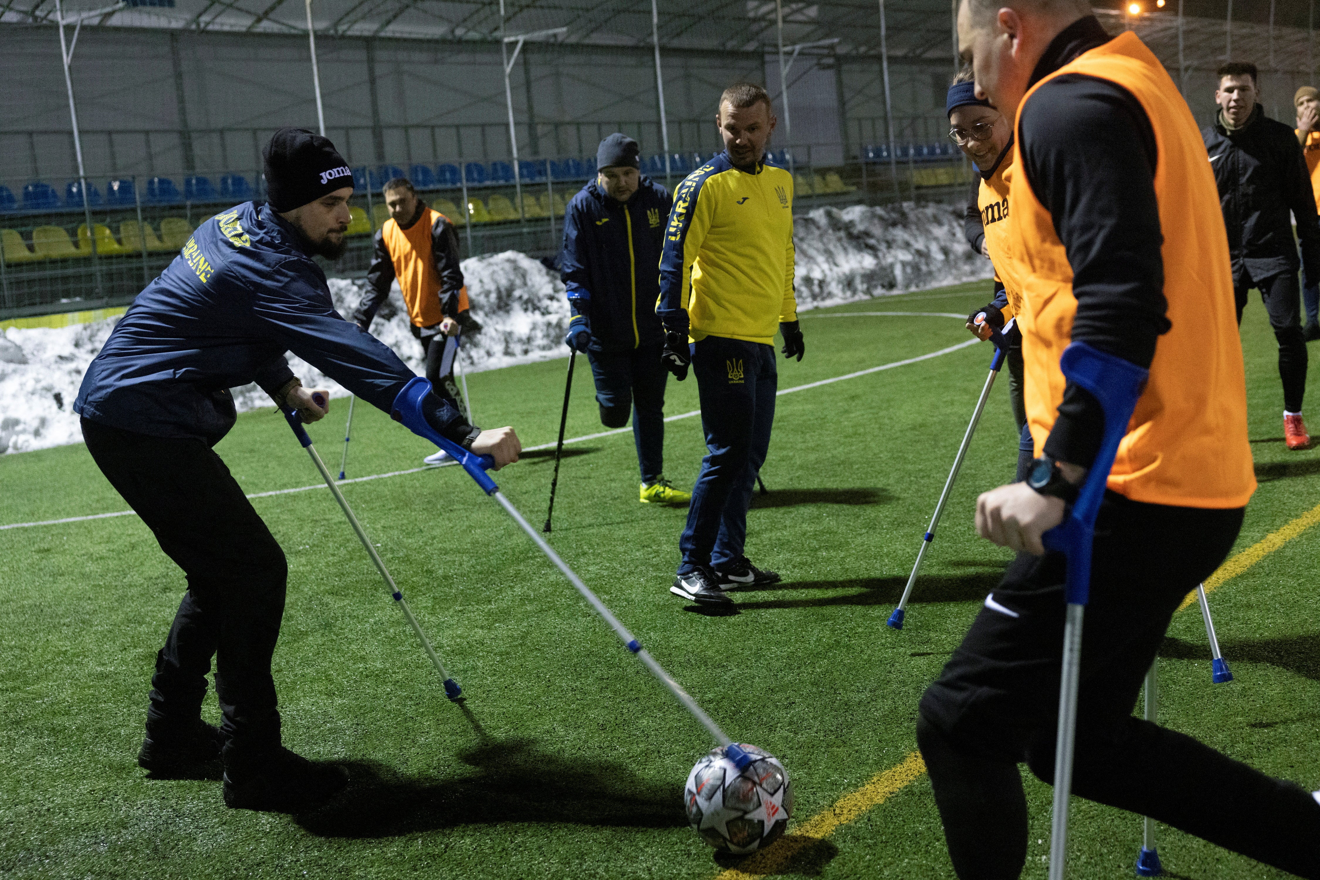 Rostyslav Prystupa, a Ukrainian marine who was injured in the spine while defending Mariupol, plays football with the inclusive team Ukrainian Football Association