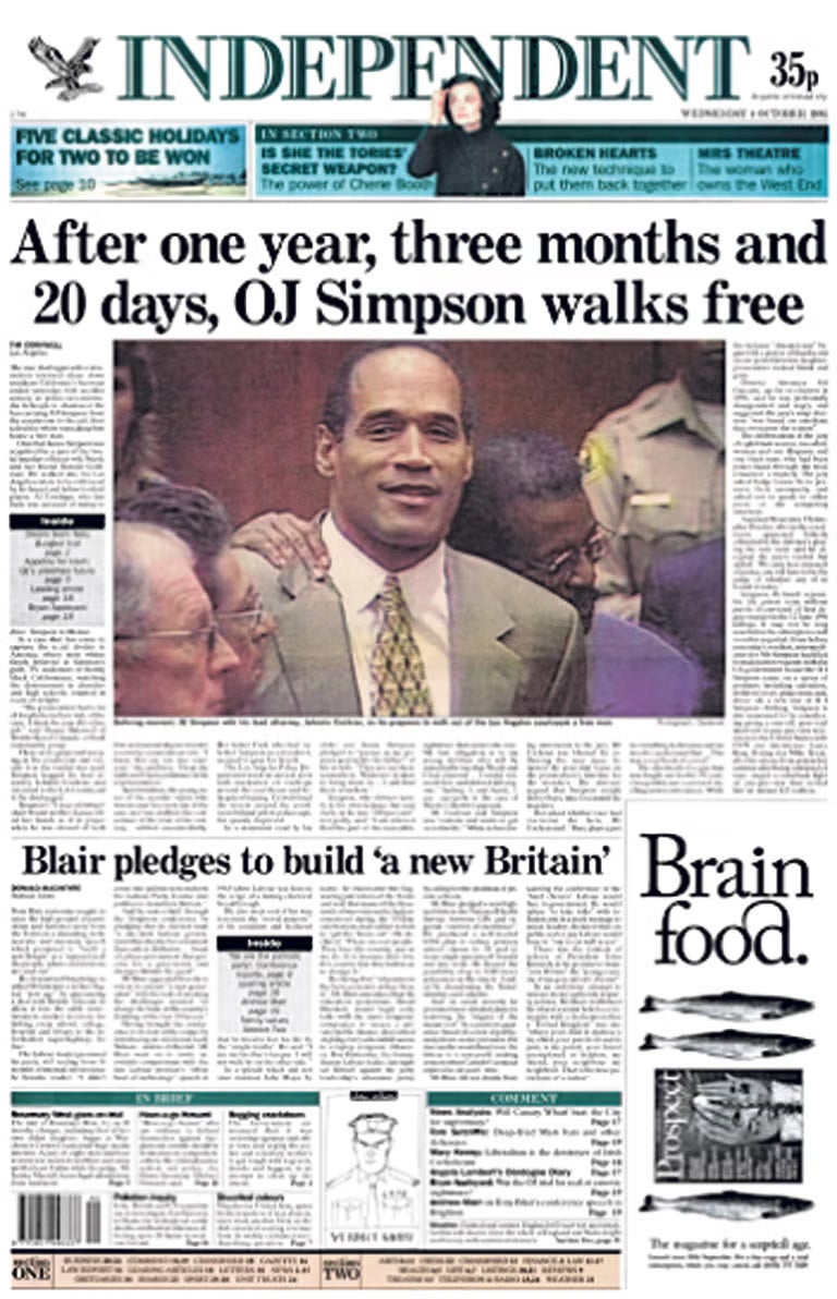 OJ Simpson coverage trial in The Independent newspaper front page