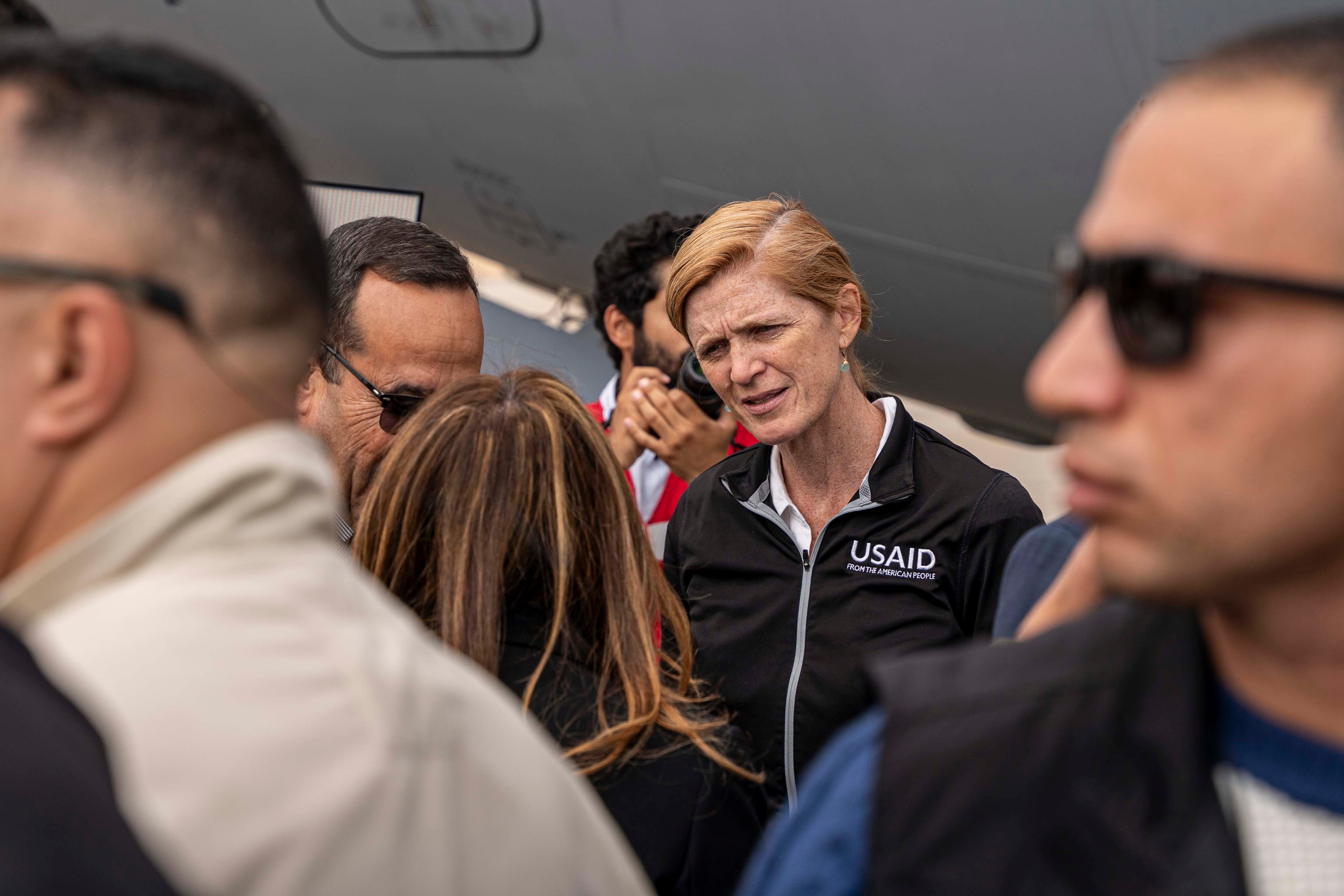 USAID Administrator Samantha Power meets with members of the Egyptian Red Crescent and other officials as foreign aid intended for Gaza is delivered at El Arish International Airport on 5 December, 2023.