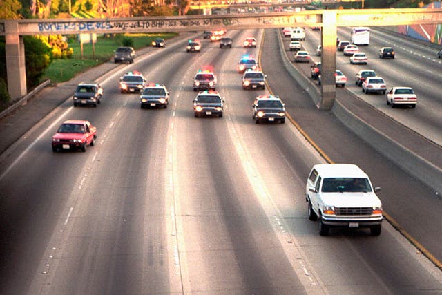 <p>OJ Simpson pursued by police on June 17 1994 </p>