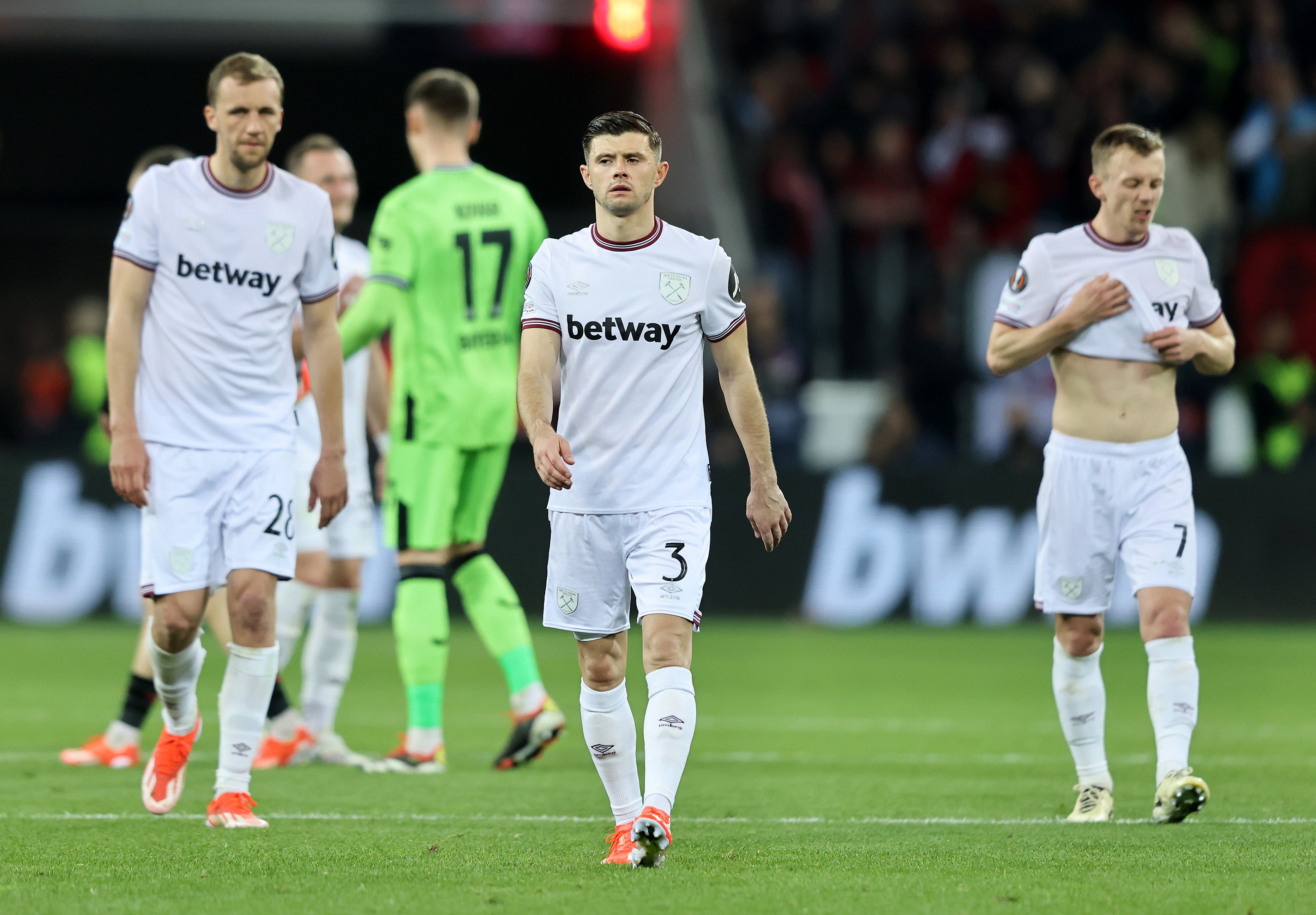 West Ham conceded two late goals to leave them on the back foot in their Europa League tie against the Bundesliga leaders.
