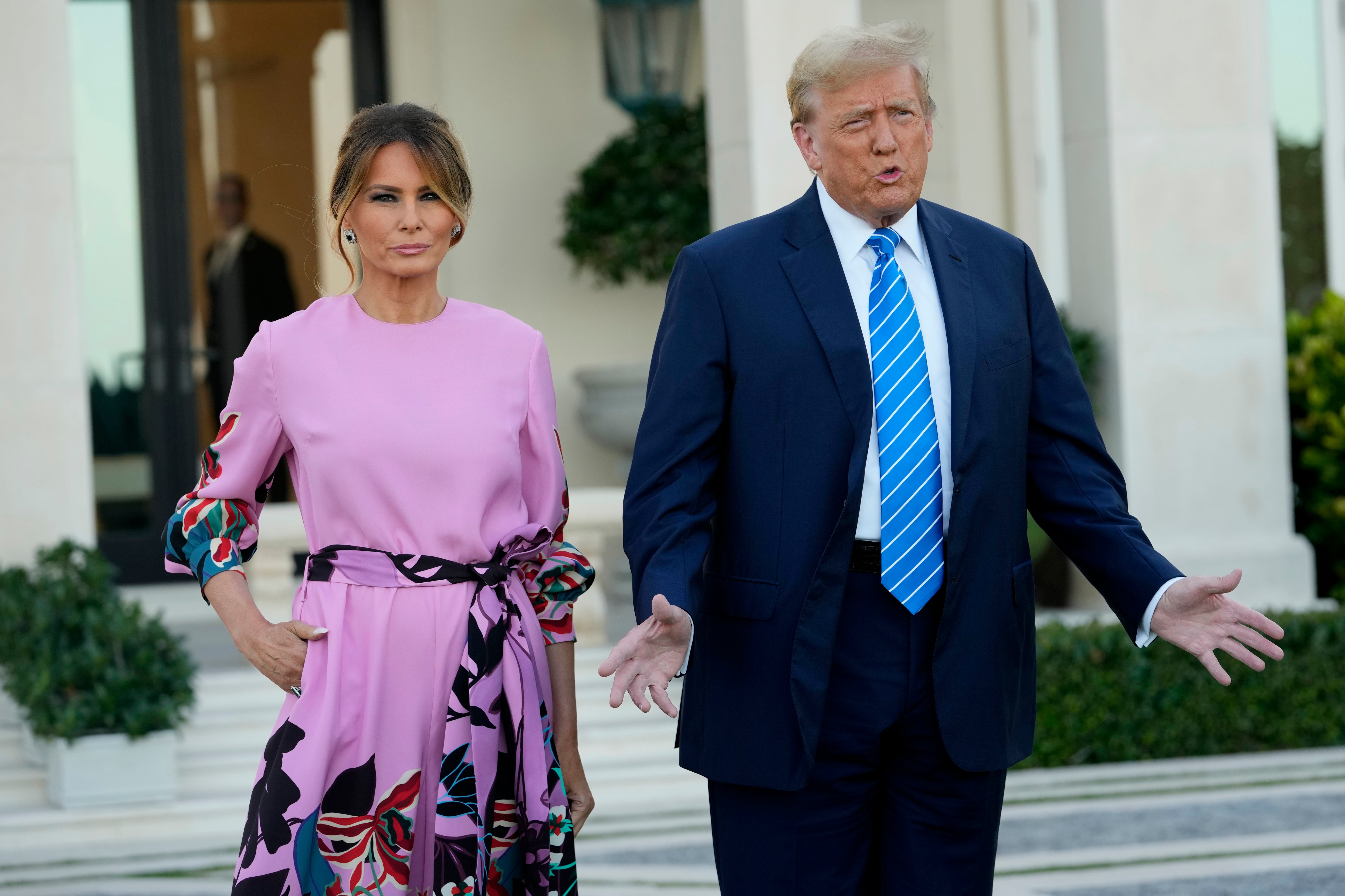 Former President Donald Trump, right, stands with his wife, Melania Trump, as they arrive for a GOP fundraiser on April 6. While they have been pictured together in recent months, Melania has yet to appear at Donald’s hush money trial
