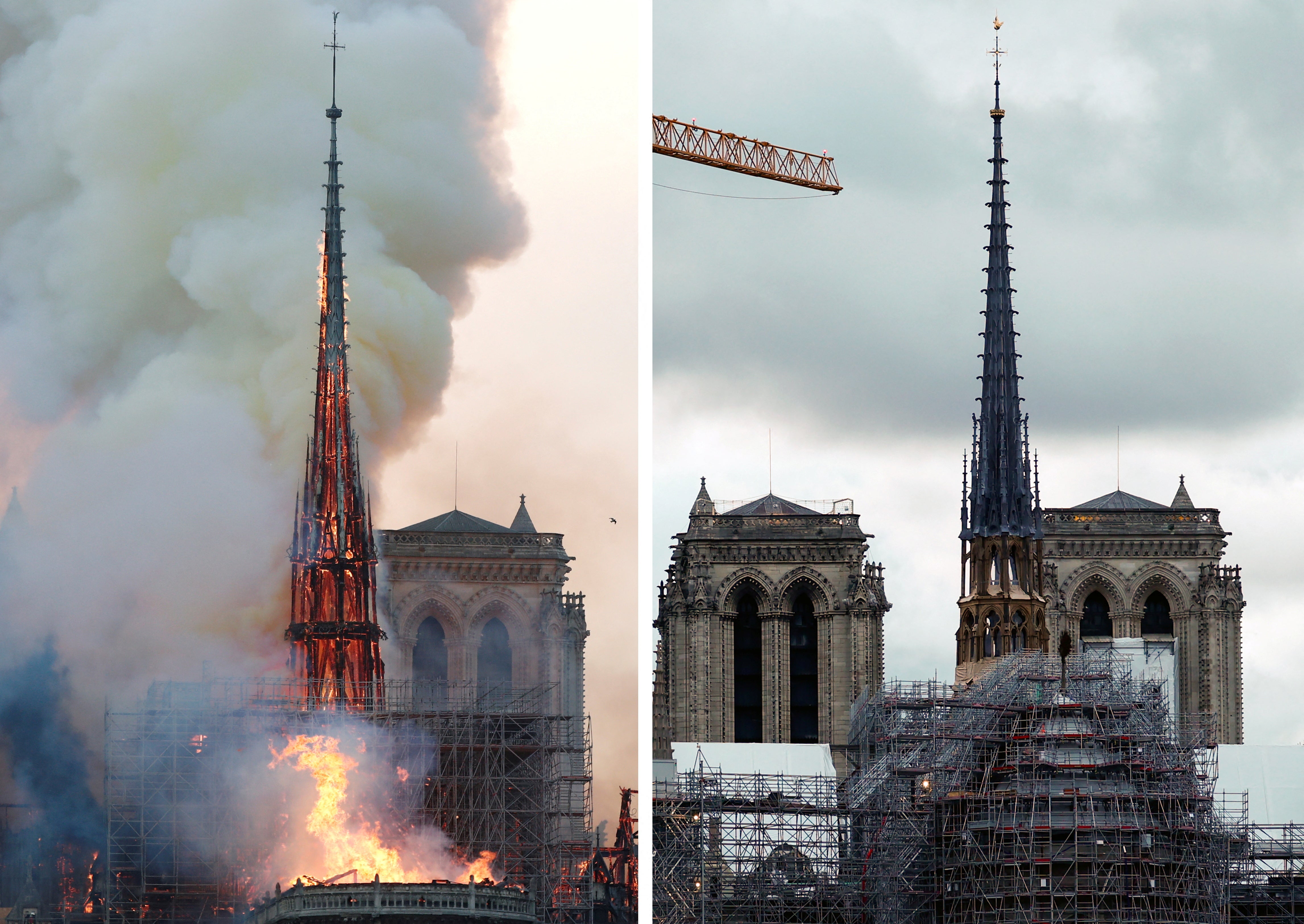 A combination picture shows smoke billowing as fire engulfs the spire of Notre Dame Cathedral in Paris, France,