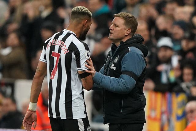 Newcastle boss Eddie Howe (right) is delighted to have tied up the future of midfielder Joelinton (left) (Owen Humphreys/PA)