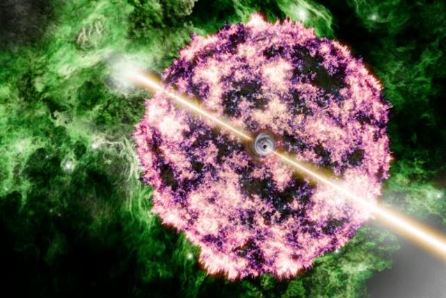 <p>Artist's visualization of GRB 221009A showing the narrow relativistic jets — emerging from a central black hole — that gave rise to the GRB and the expanding remains of the original star ejected via the supernova explosion</p>