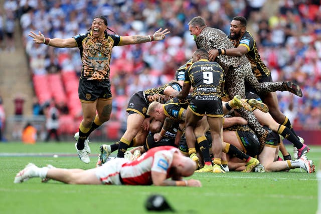 Lachlan Lam’s golden point drop goal sparked wild scenes at Wembley last year (Nigel French/PA)