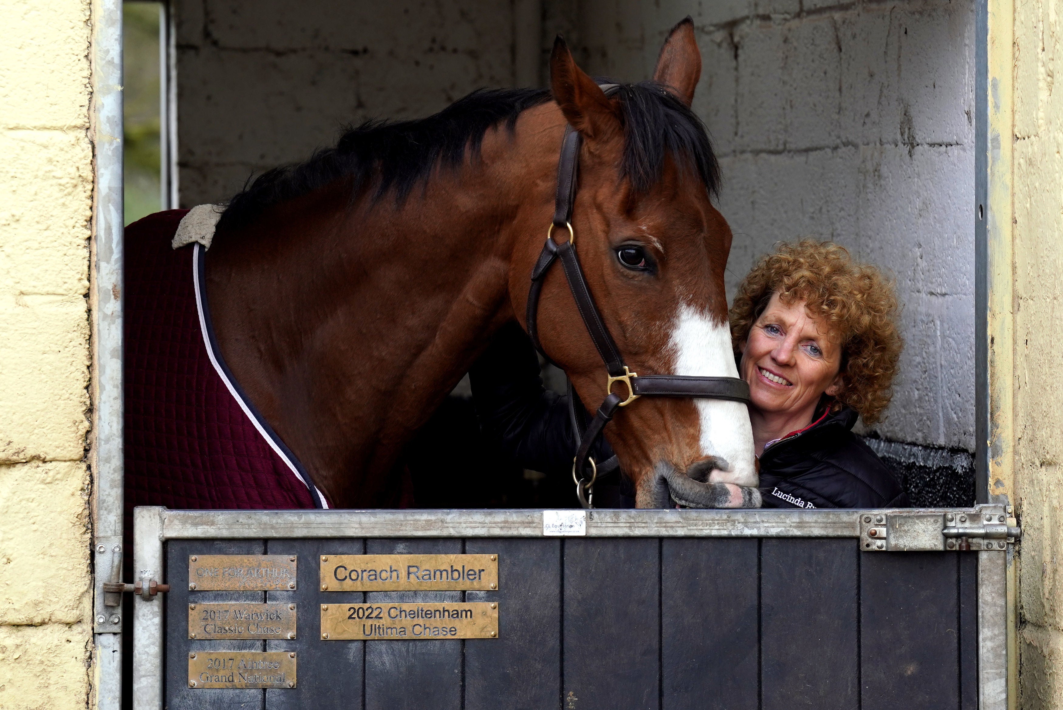 Lucinda Russell with Corach Rambler on a stable visit to Arlary House, Kinross.