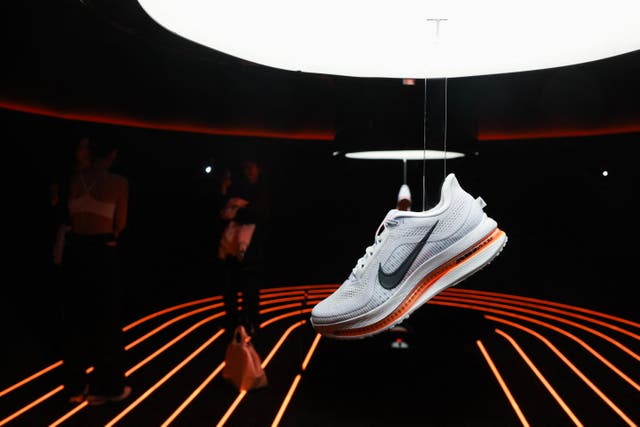 <p>This photograph shows a Air Zoom sneaker during a Nike event, in Paris, on April 11, 2024</p>