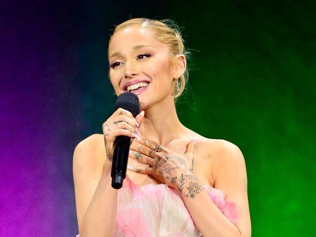 <p>Ariana Grande speaks onstage during the Universal Pictures and Focus Features Special Presentation, featuring footage from their upcoming slate, during CinemaCon, the official convention of the National Association of Theatre Owners, at Caesars Palace on 10 April 2024 in Las Vegas, Nevada.</p>