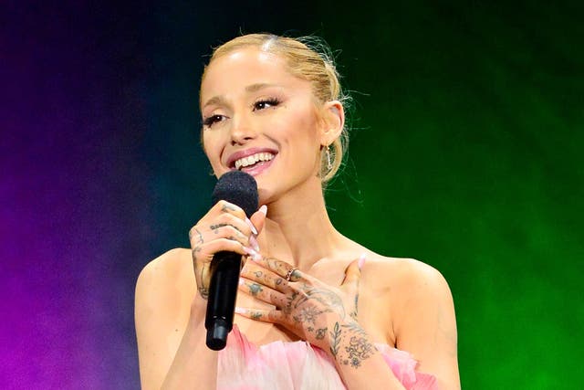 <p>Ariana Grande speaks onstage during the Universal Pictures and Focus Features Special Presentation, featuring footage from their upcoming slate, during CinemaCon, the official convention of the National Association of Theatre Owners, at Caesars Palace on 10 April 2024 in Las Vegas, Nevada.</p>