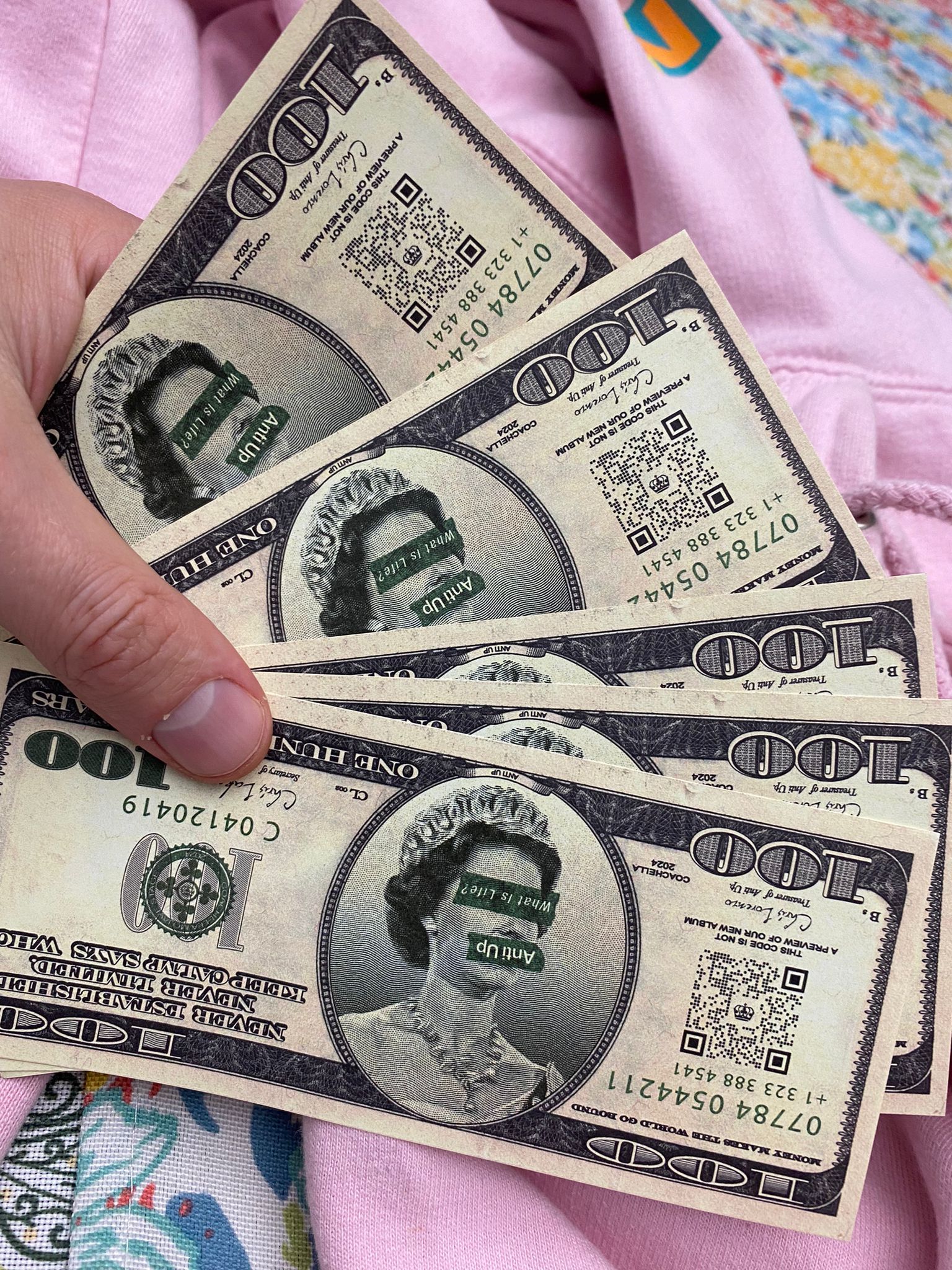 Anti Up fake 100 dollar bills at Coachella 2024