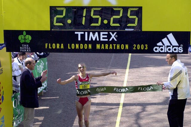 Paula Radcliffe smashed the women’s world marathon record when winning in London in 2003 (Rebecca Naden/PA)