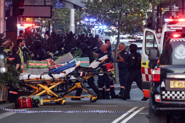 <p>Paramedics push stretchers into the Westfield Bondi Junction shopping mall to retrieve the injured after a stabbing incident on 13 April 2024</p>
