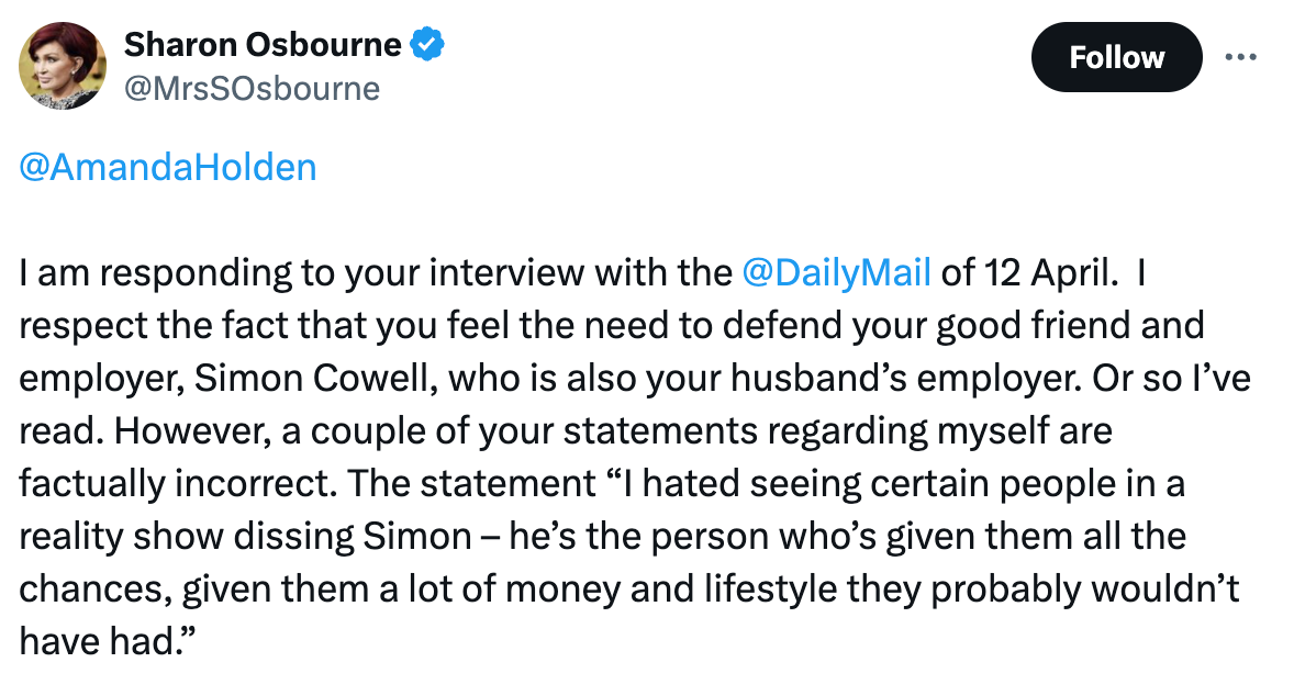 The beginning of Osbourne’s X/Twitter message to Holden