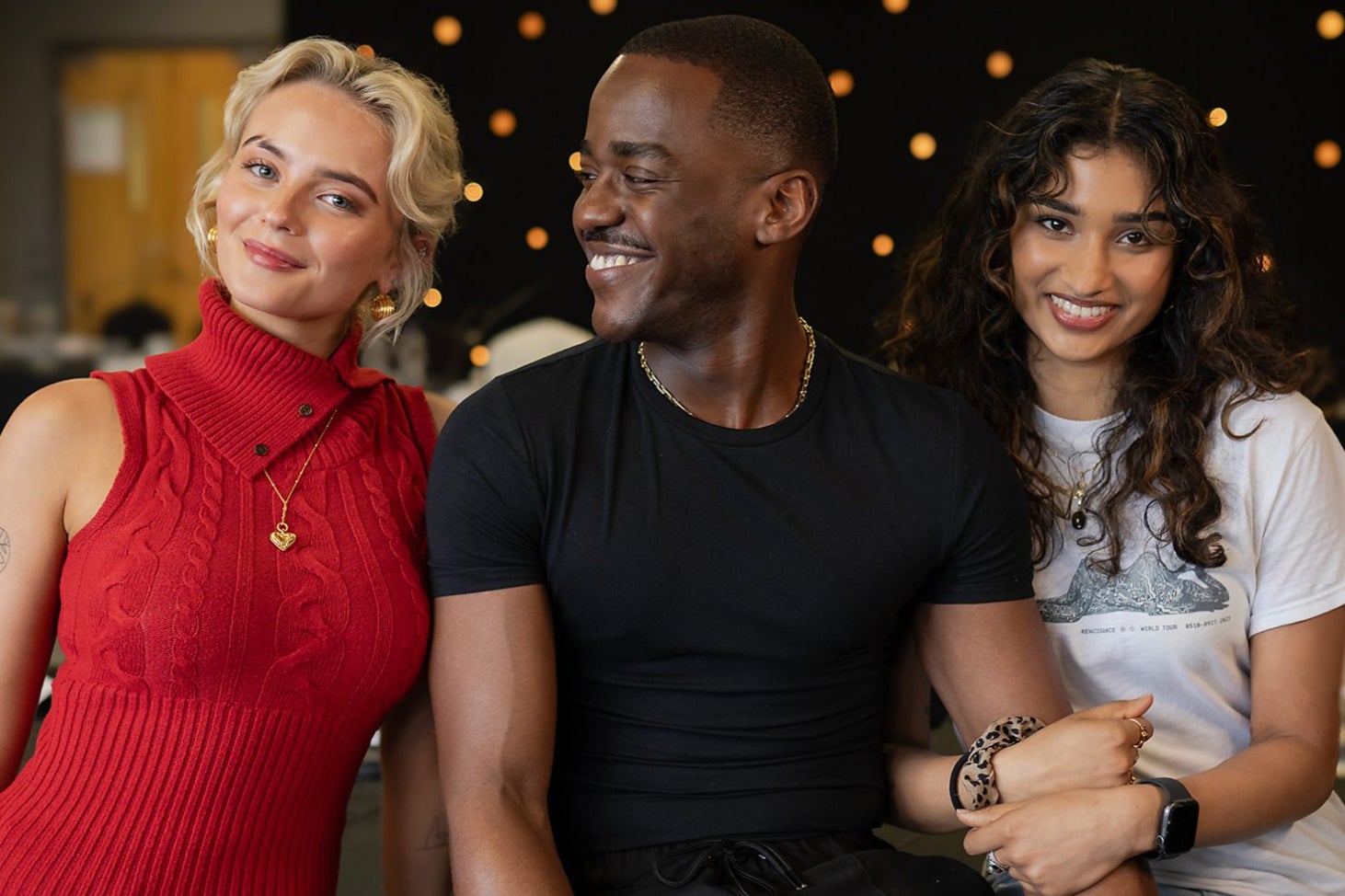 Millie Gibson, Ncuti Gatwa and Varada Sethu pictured at a table read for Season 15