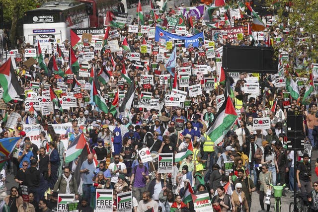 Tens of thousands of pro-Palestinian protesters marched through London on Saturday to call for a ceasefire in Gaza (Jeff Moore/PA)