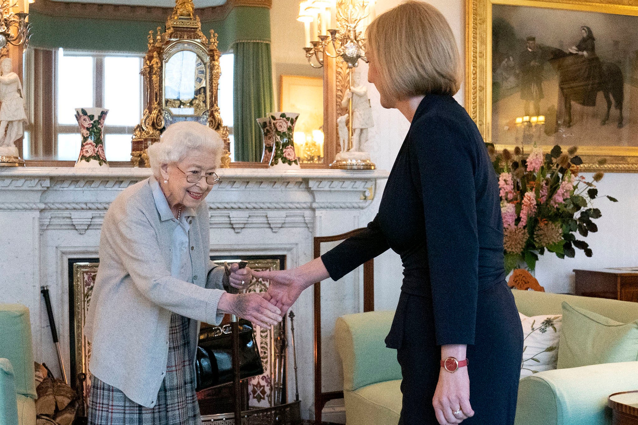 Queen Elizabeth greets Liz Truss after she was elected leader of the Conservative Party